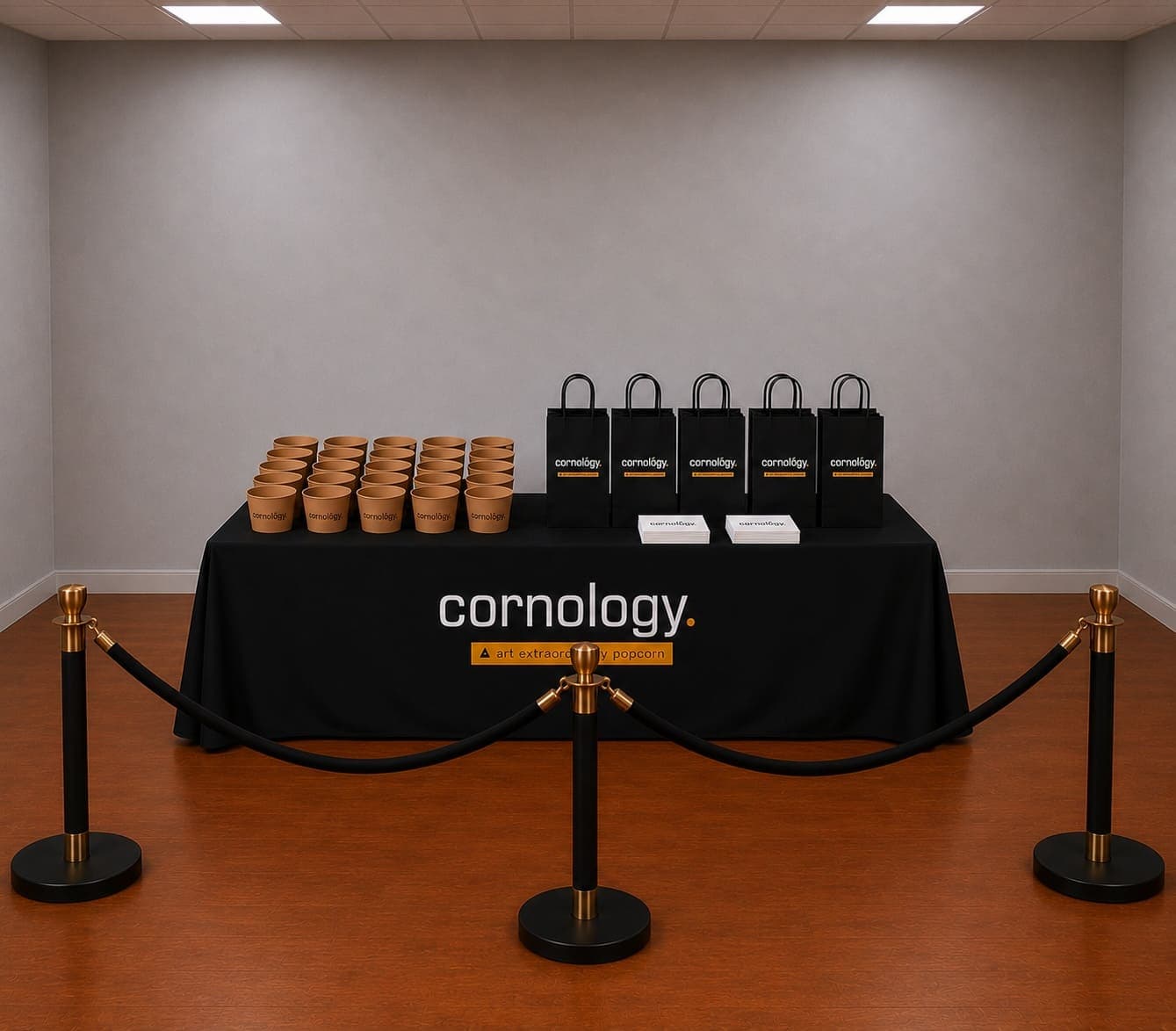 Branded Cornology gift bags and popcorn cups at a corporate event