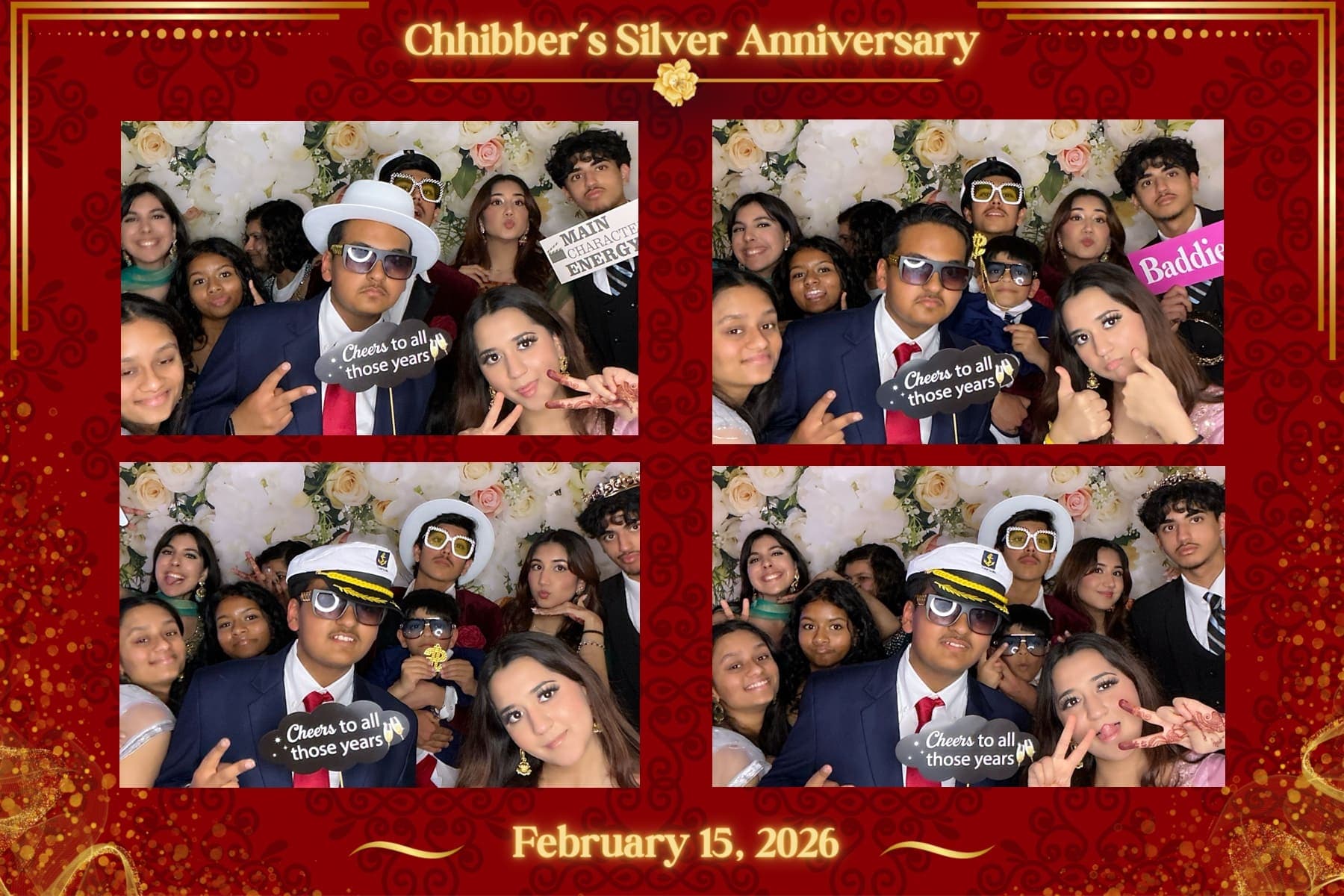 Guests posing at a Cornology photo booth with floral backdrop